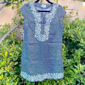 HiHo Blue & White Striped Linen Dress w/Embroidered Details. Size XS. EUC!